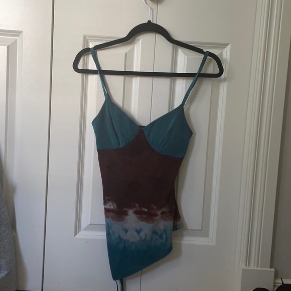 Floral turquoise & brown spaghetti strap tank top - Picture 1 of 4